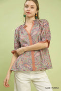 Paisley Split-Neck Blouse with Ruffle Sleeves