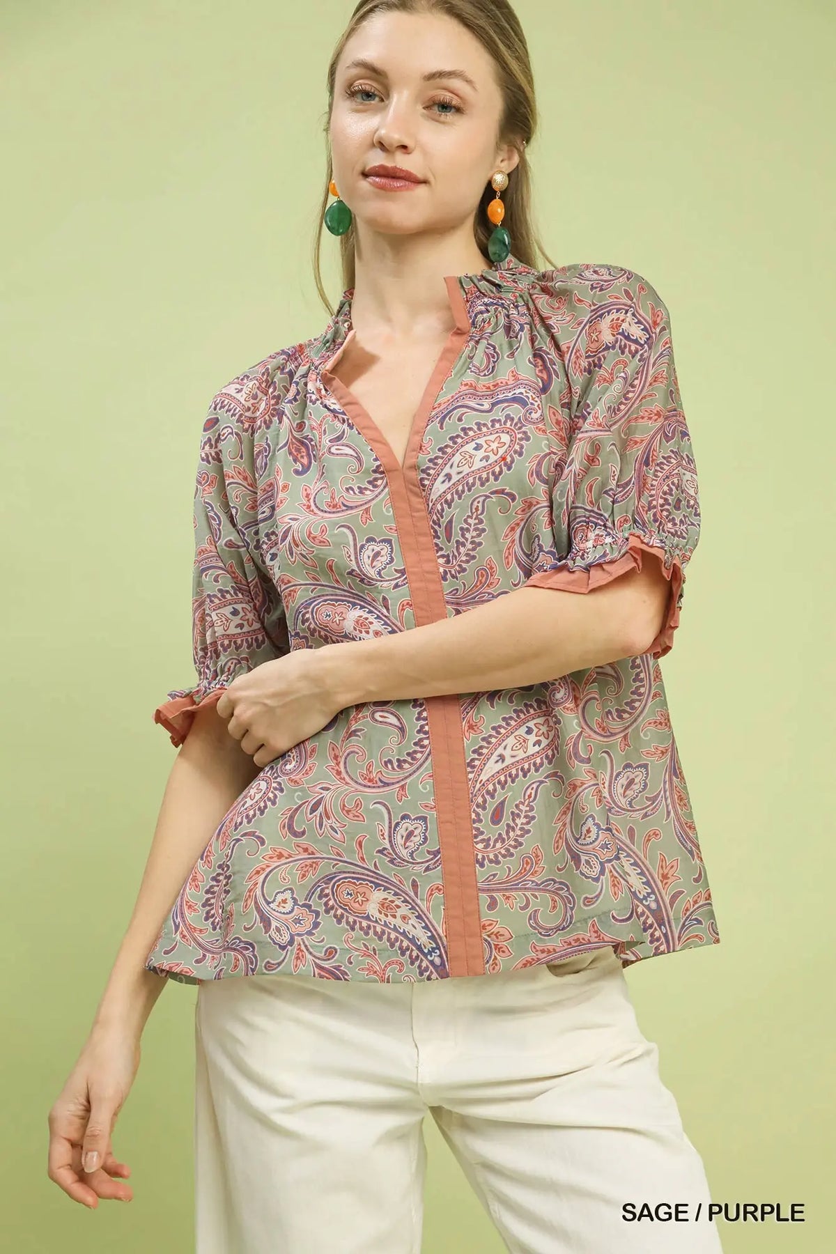 Paisley Split-Neck Blouse with Ruffle Sleeves