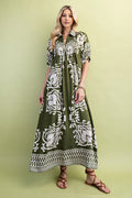 Mixed Print Short Puff Sleeve Midi Dress