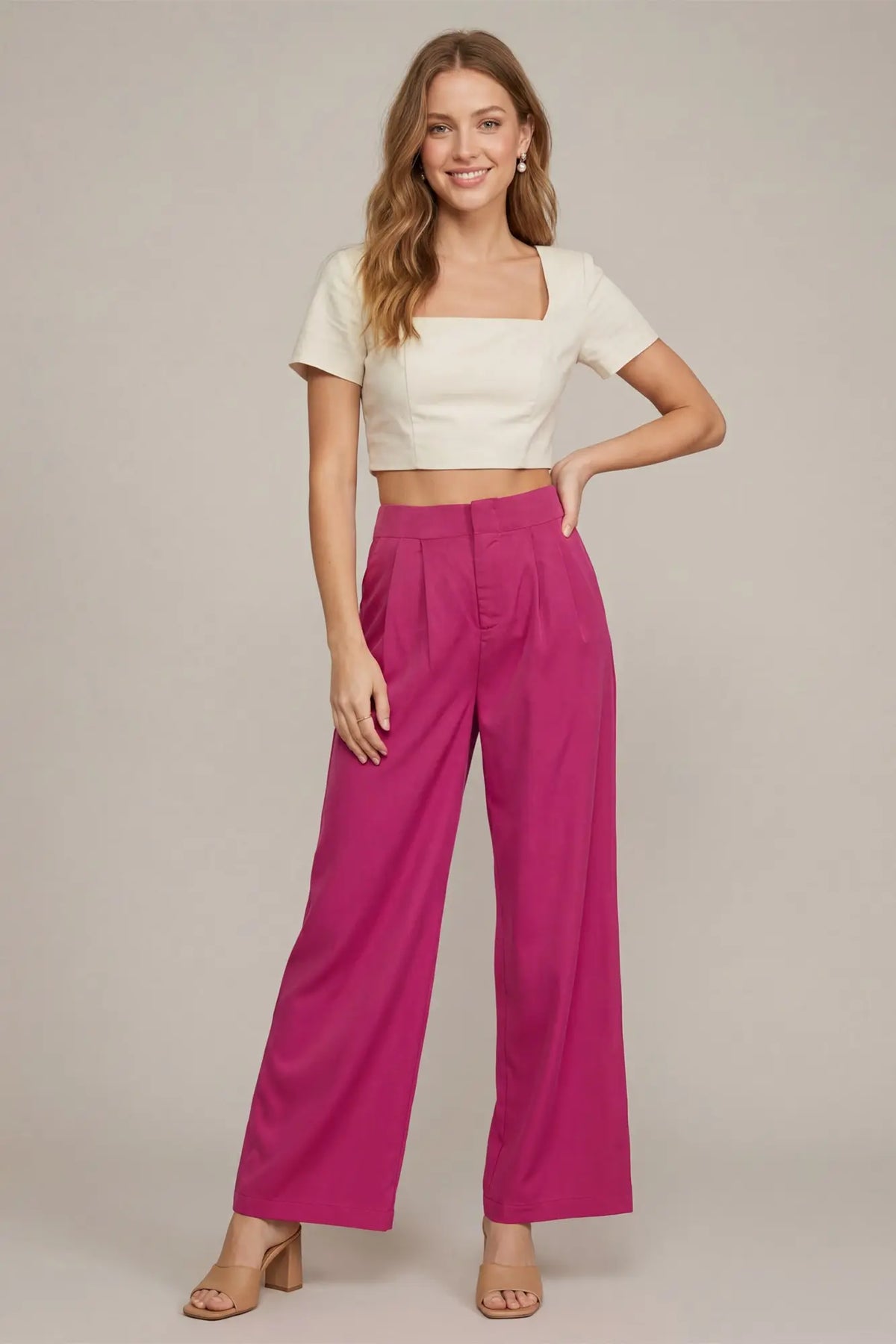 Magenta Satin Pants With Pleats