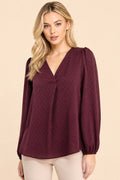 Textured V-neck Long Sleeve Relaxed Woven Everyday Blouse