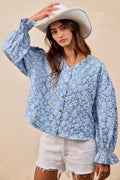 Floral Pattern Texture V-neck Ruffled Cardigan Top