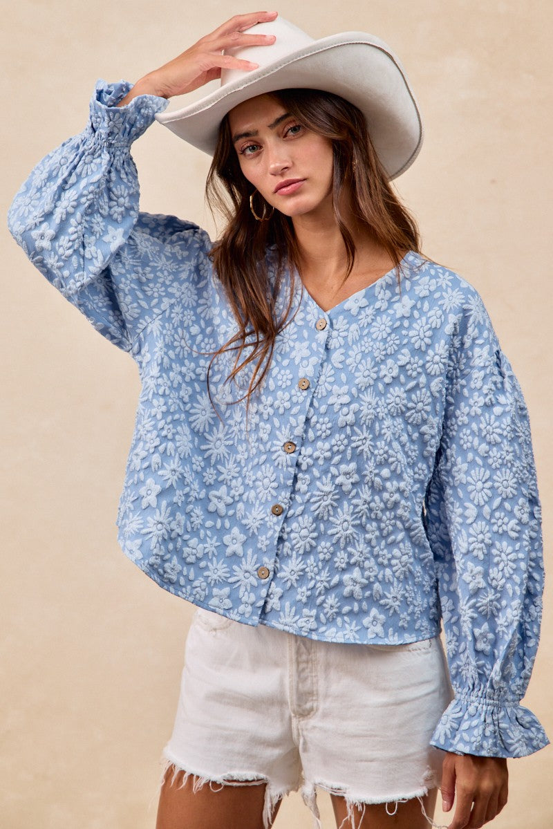 Floral Pattern Texture V-neck Ruffled Cardigan Top