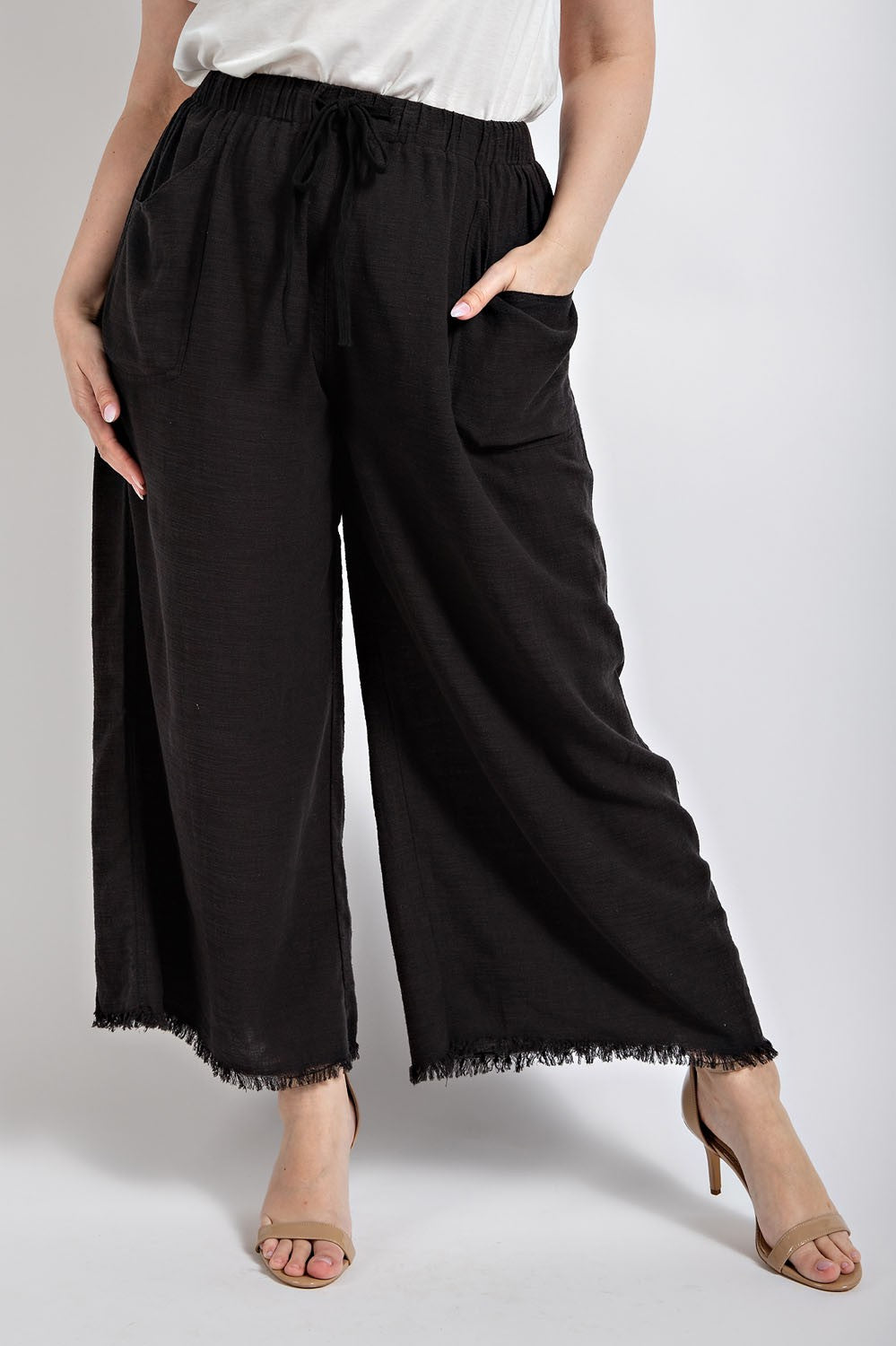 Plus Frayed Wide Leg Pants With Pockets