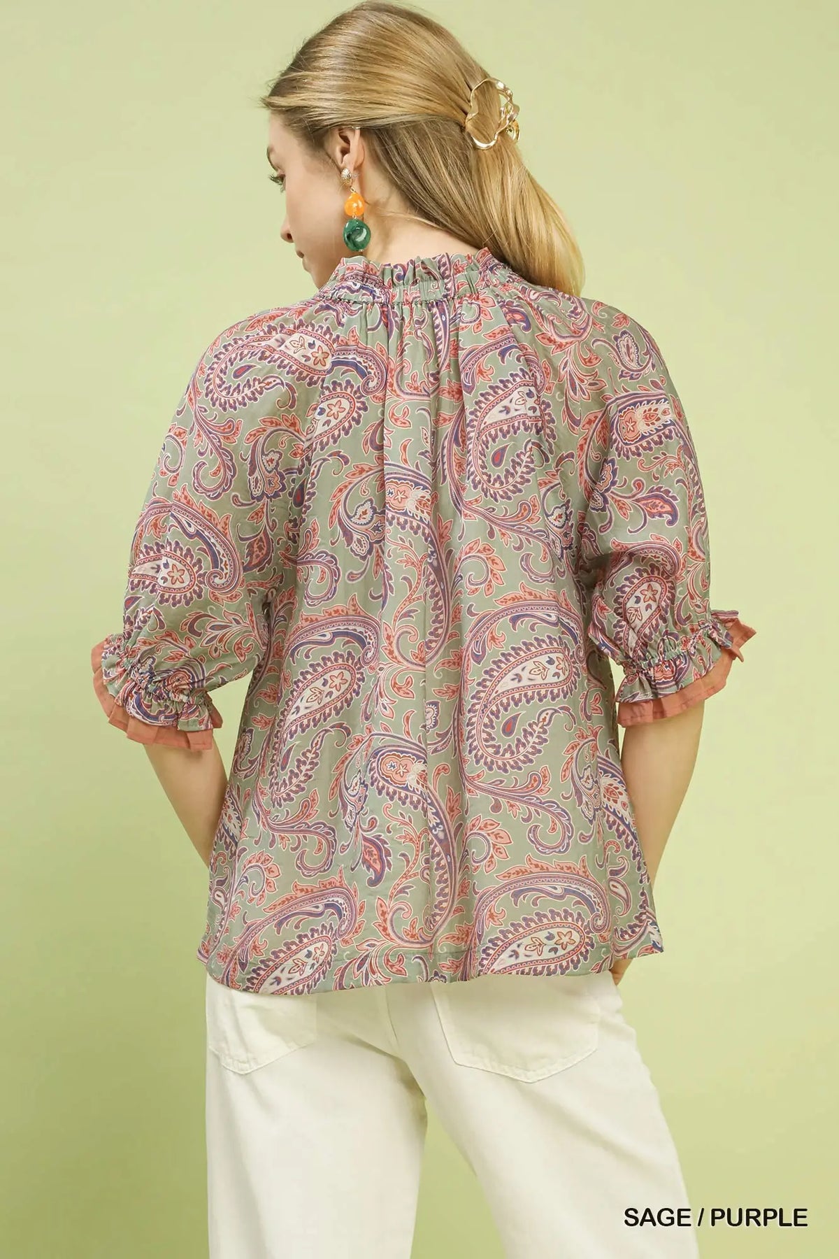 Paisley Split-Neck Blouse with Ruffle Sleeves