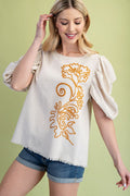 Embroidered Linen Top with Ruched Puff Sleeves