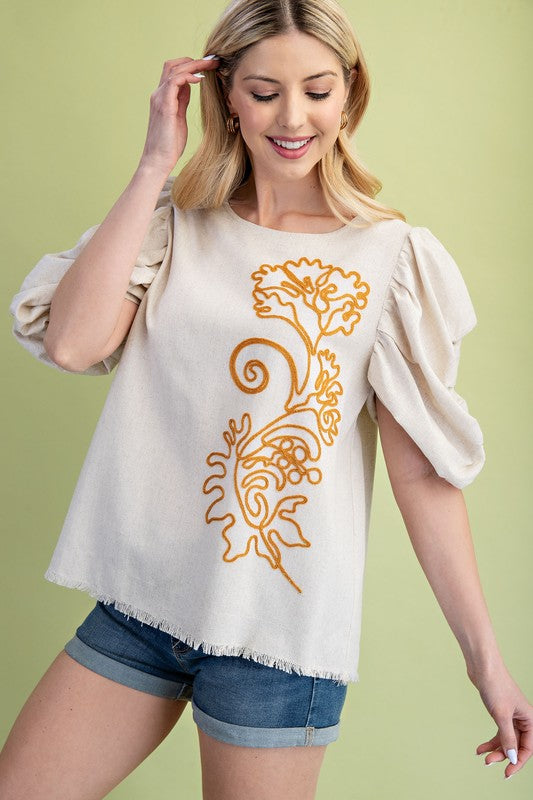 Embroidered Linen Top with Ruched Puff Sleeves