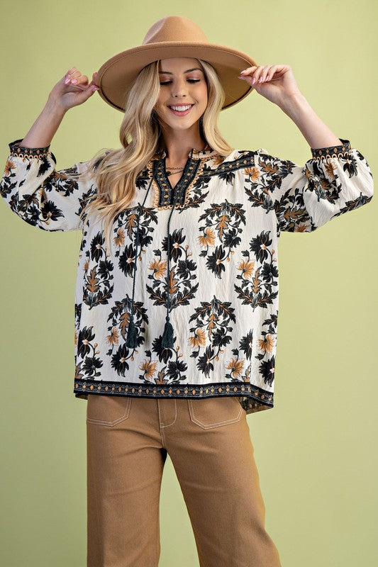 Floral Fall Print 3/4 Length Sleeve Blouse