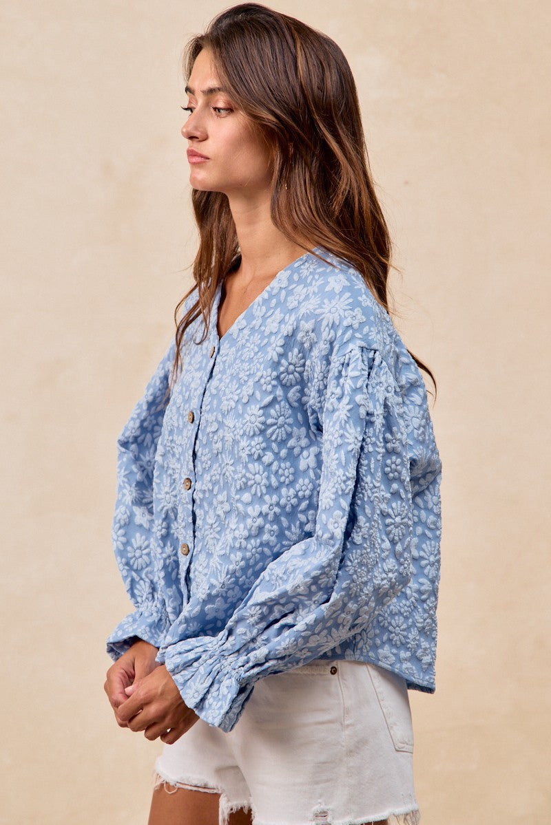 Floral Pattern Texture V-neck Ruffled Cardigan Top