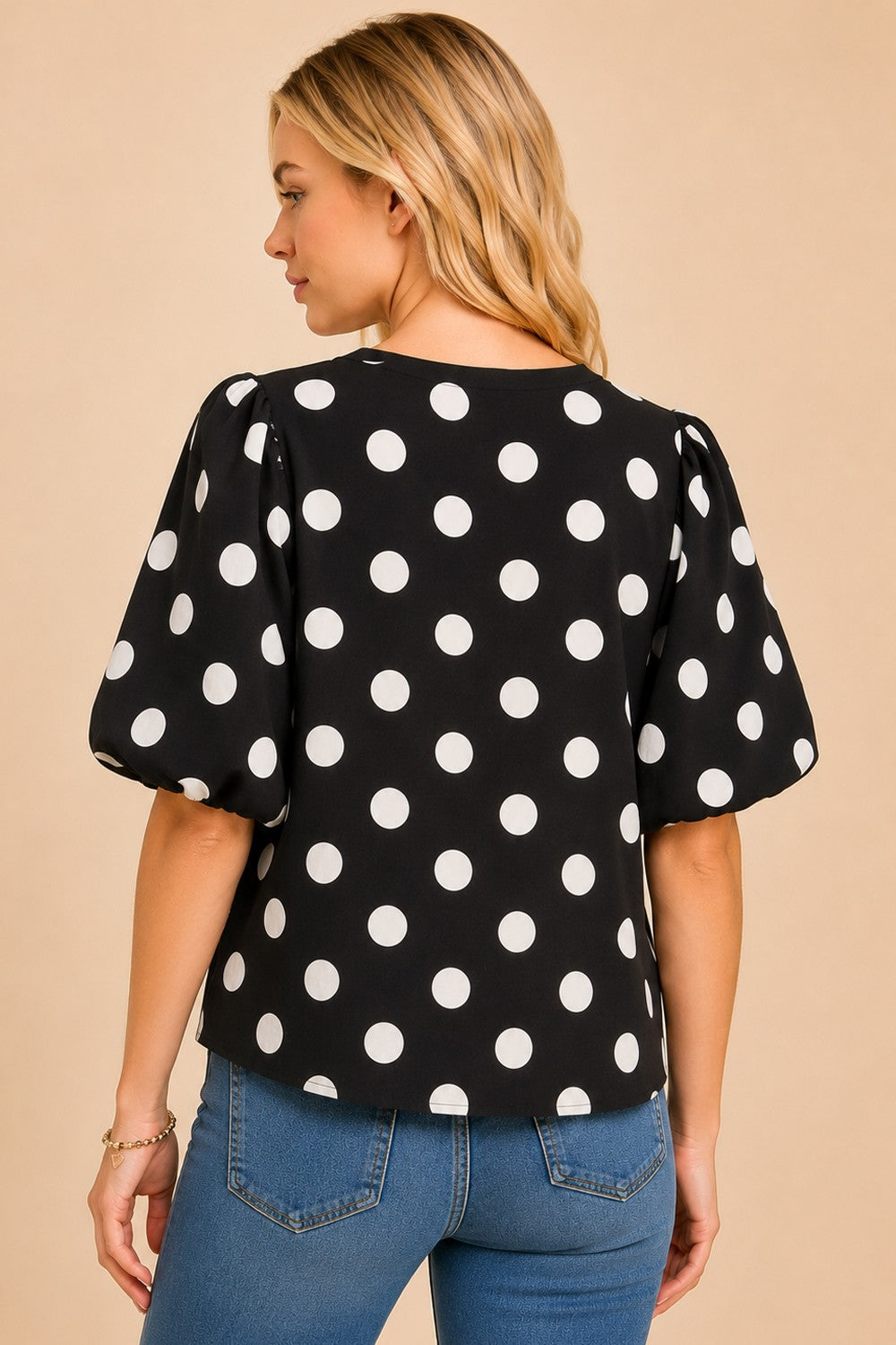 Classic Polka Dot Puff Sleeve Woven Blouse