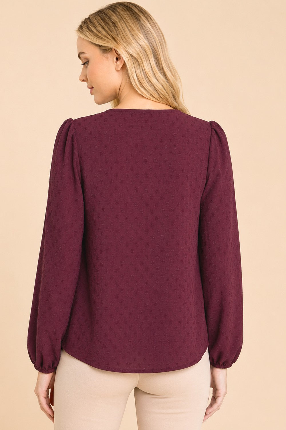 Textured V-neck Long Sleeve Relaxed Woven Everyday Blouse