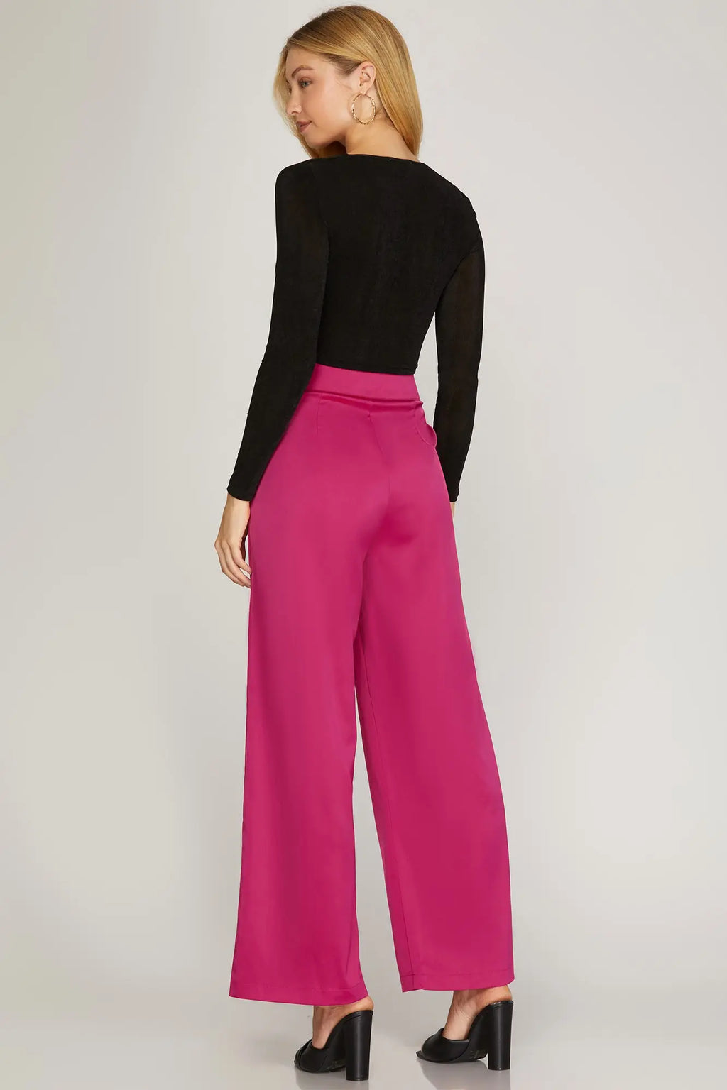 Magenta Satin Pants With Pleats