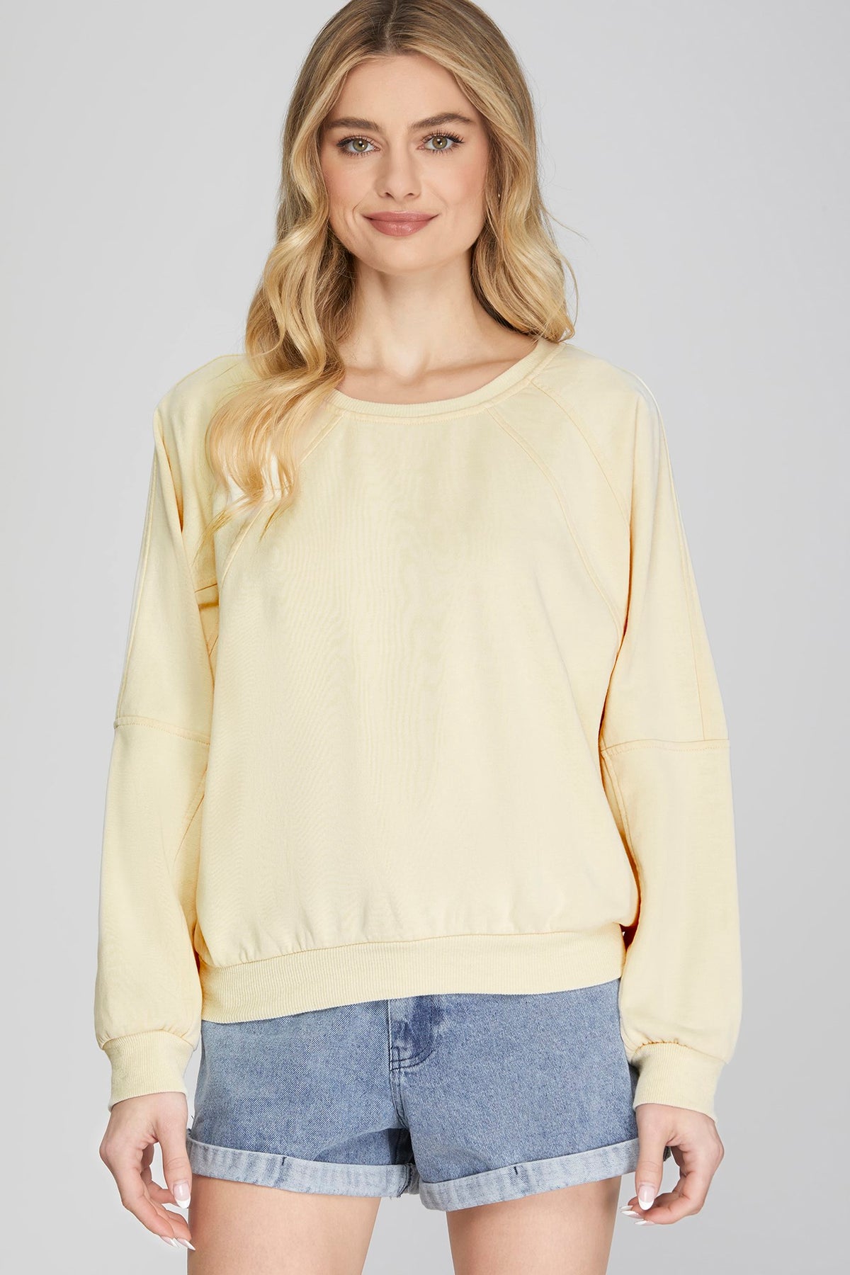 Long Dolman Sleeve Wash French Terry Knit Top With Cut Detail