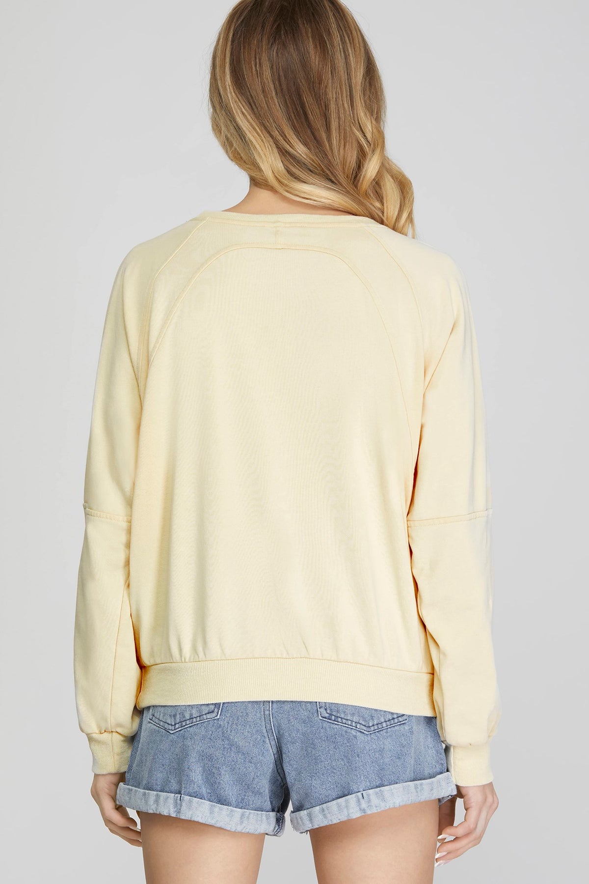 Long Dolman Sleeve Wash French Terry Knit Top With Cut Detail