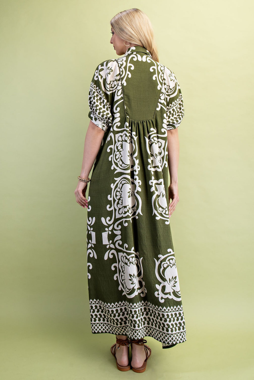 Mixed Print Short Puff Sleeve Midi Dress
