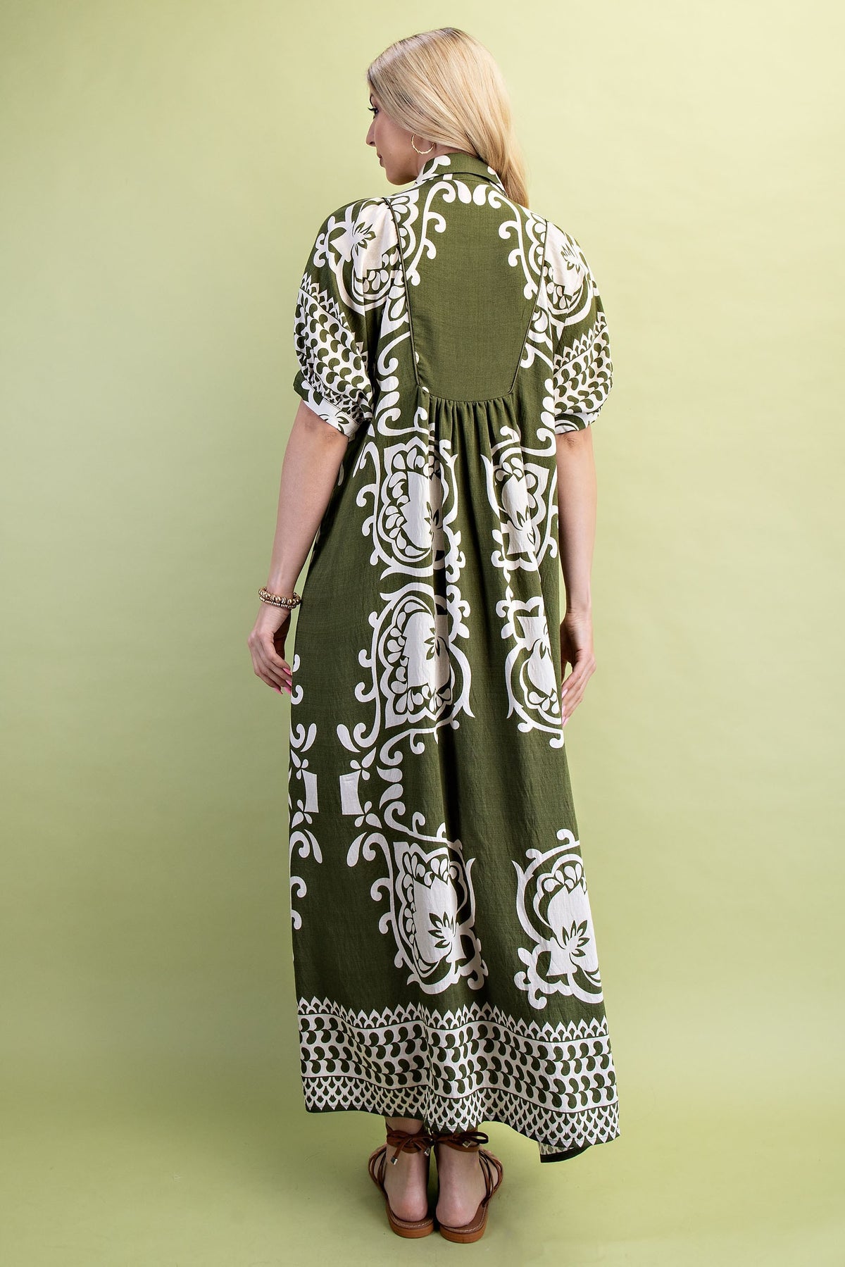 Mixed Print Short Puff Sleeve Midi Dress