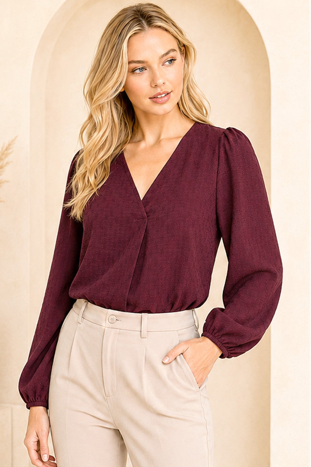 Textured V-neck Long Sleeve Relaxed Woven Everyday Blouse