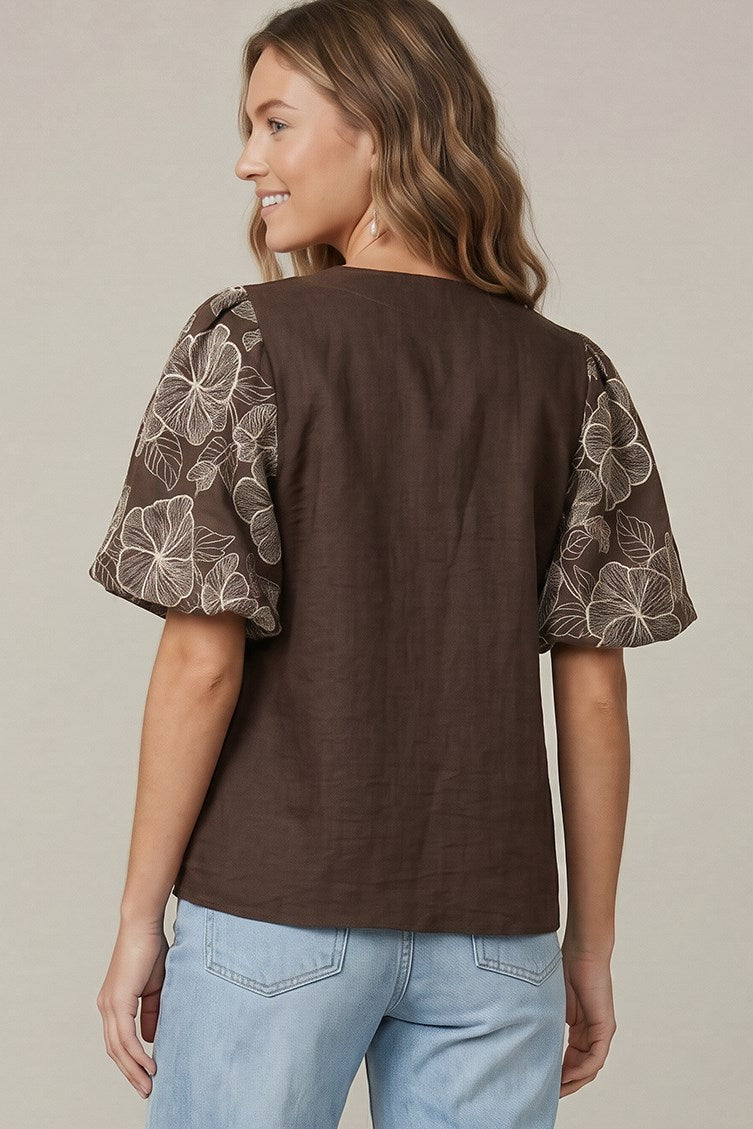 Short Embroidered Puff Sleeve Top With Neck Trim Lace Detail