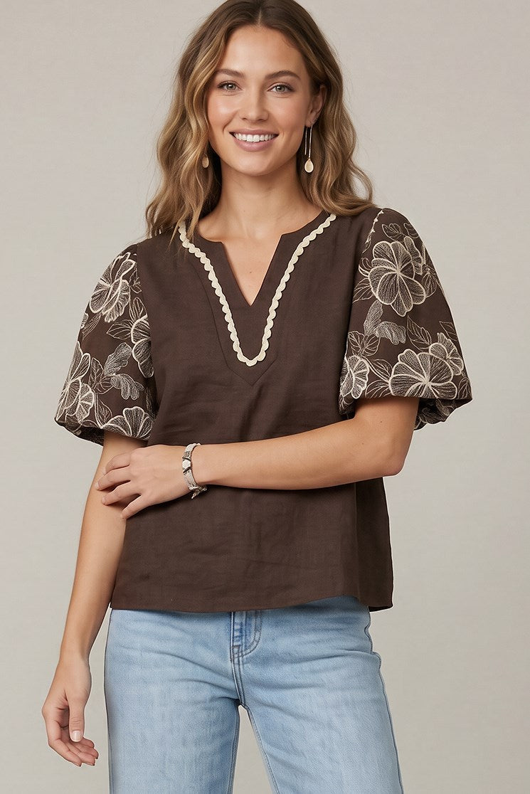 Short Embroidered Puff Sleeve Top With Neck Trim Lace Detail