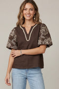 Short Embroidered Puff Sleeve Top With Neck Trim Lace Detail