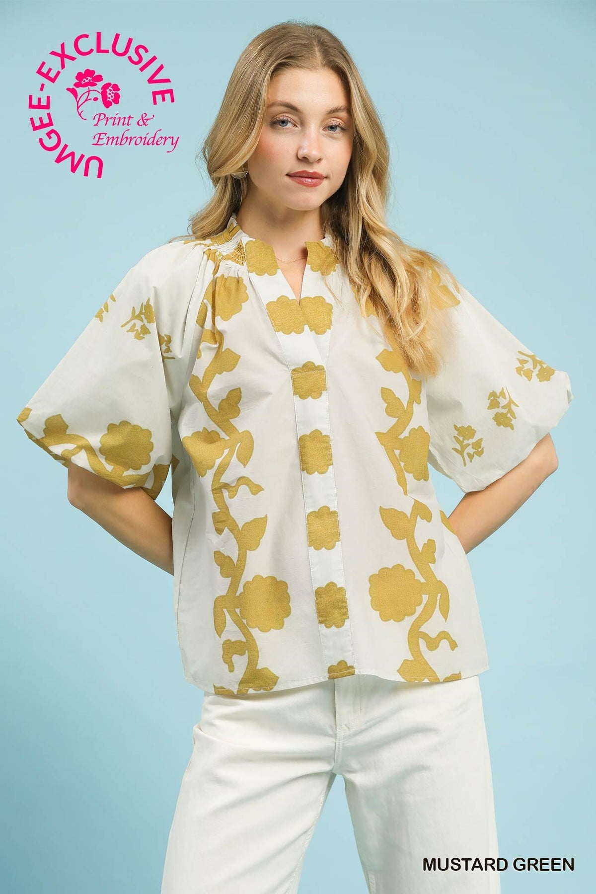 Print Smocked Collared Top