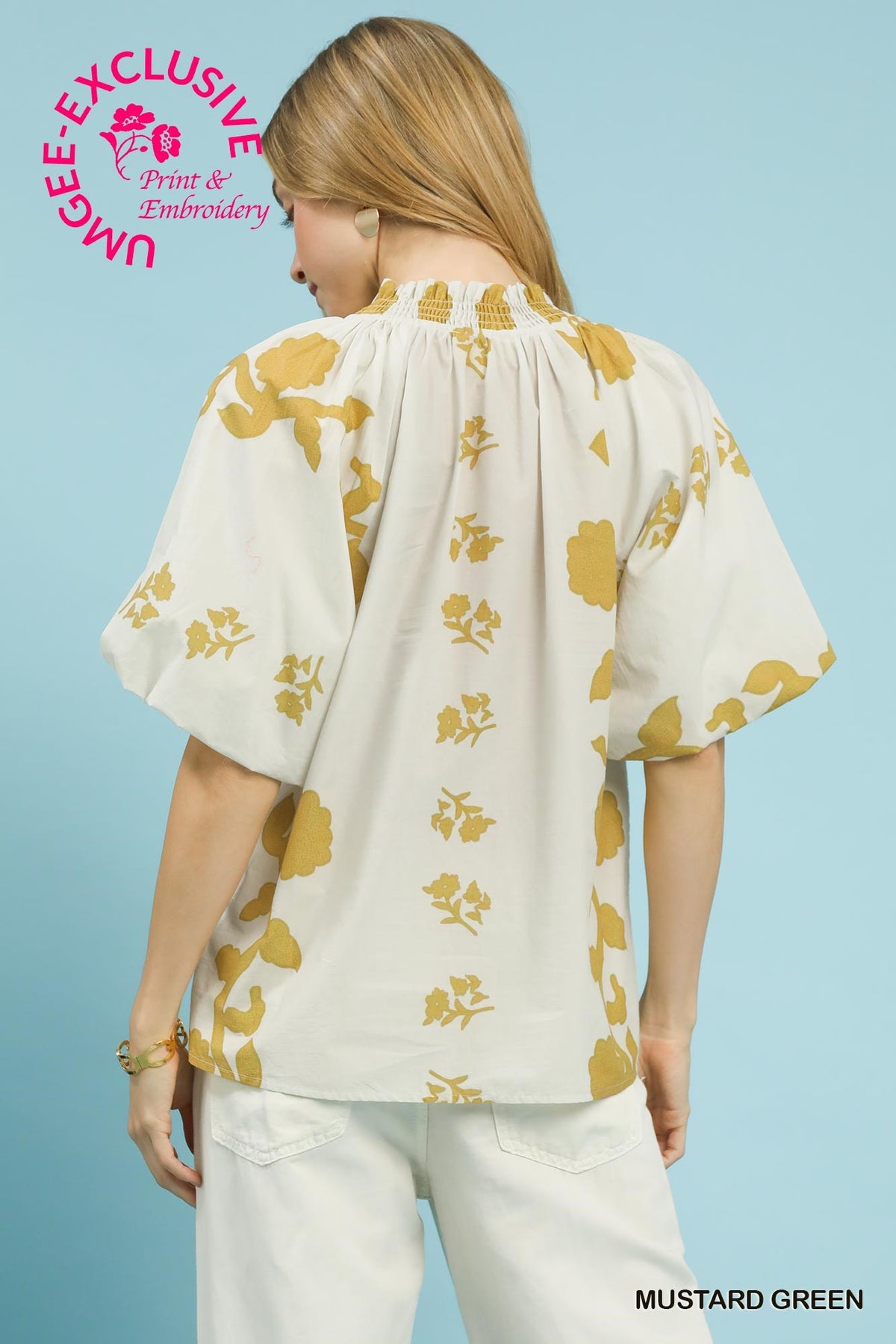 Print Smocked Collared Top