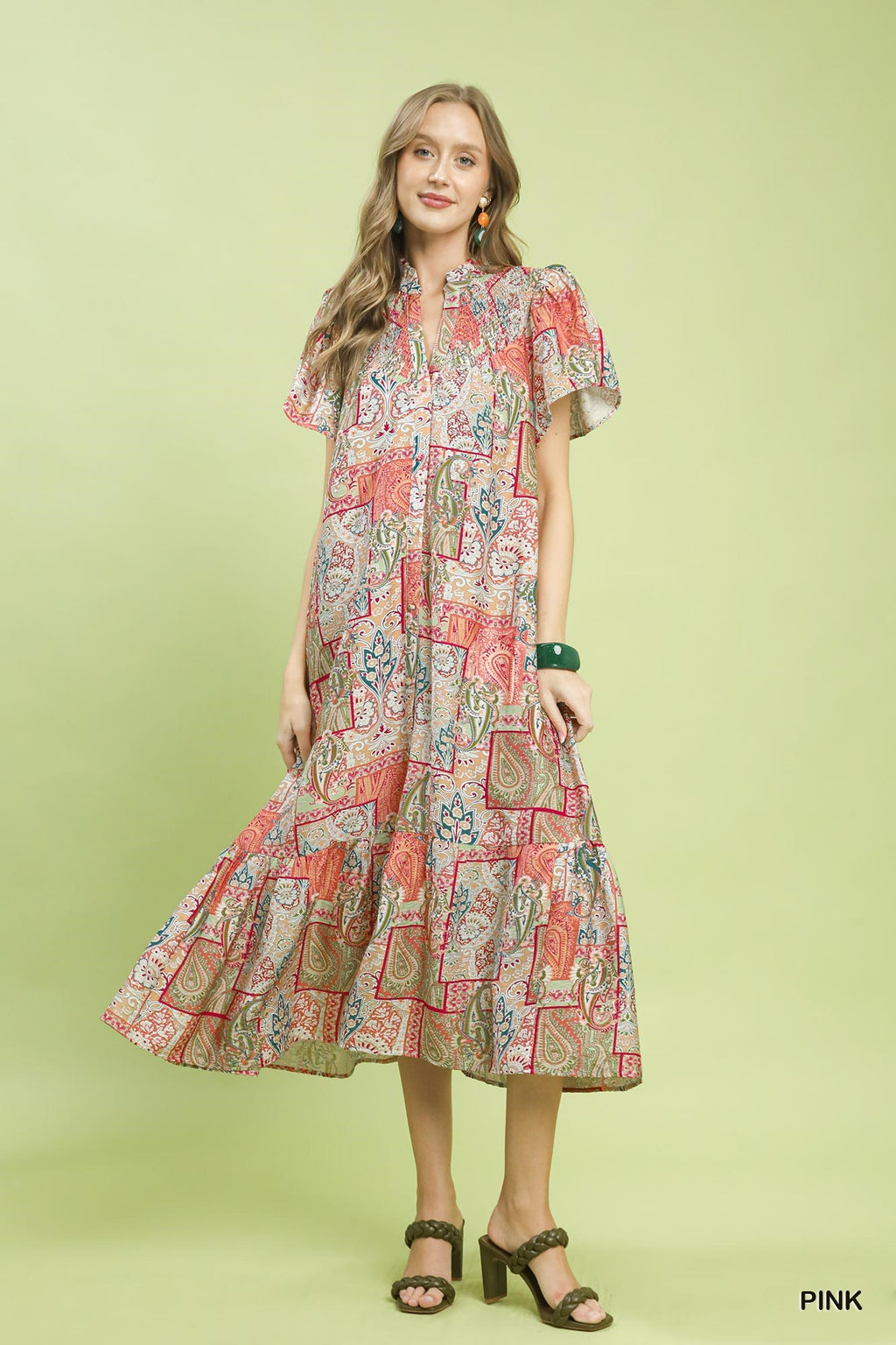 Boho Patchwork Print Flutter Sleeve Midi Dress