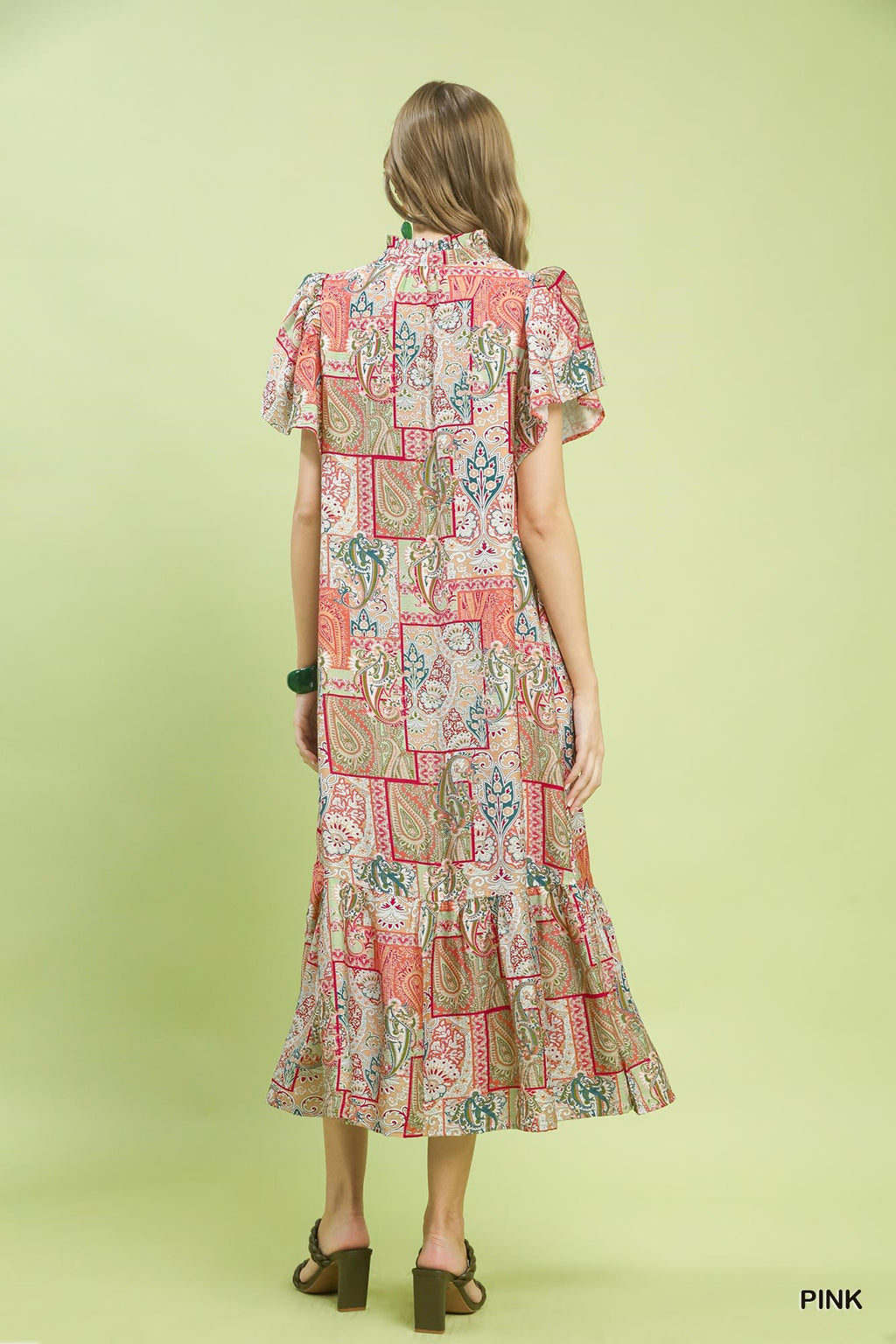 Boho Patchwork Print Flutter Sleeve Midi Dress
