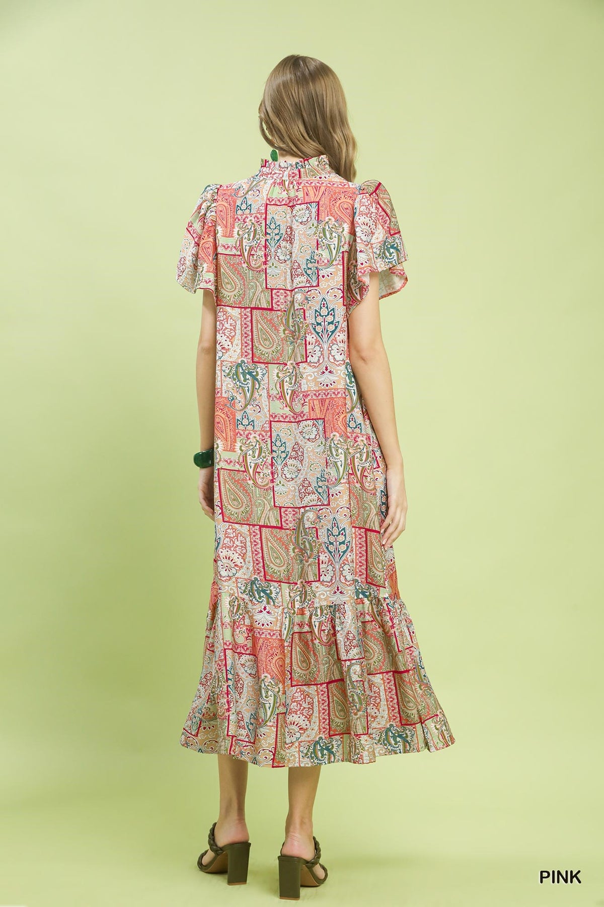 Boho Patchwork Print Flutter Sleeve Midi Dress