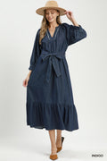 Chambray Belted Ruffle Hem Midi Dress