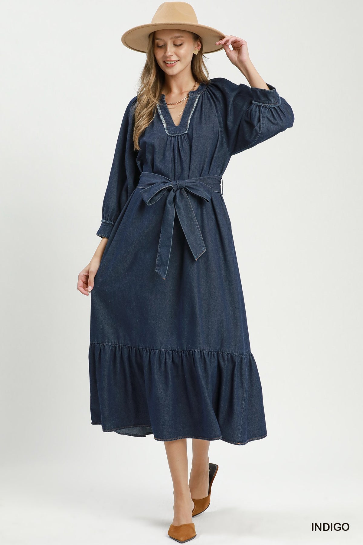 Chambray Belted Ruffle Hem Midi Dress