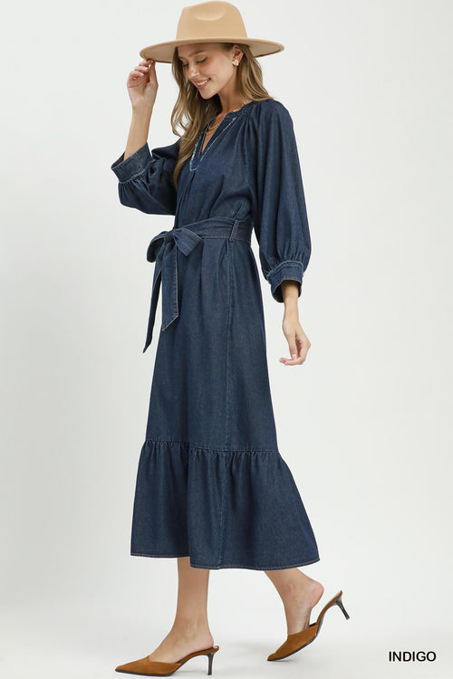 Chambray Belted Ruffle Hem Midi Dress
