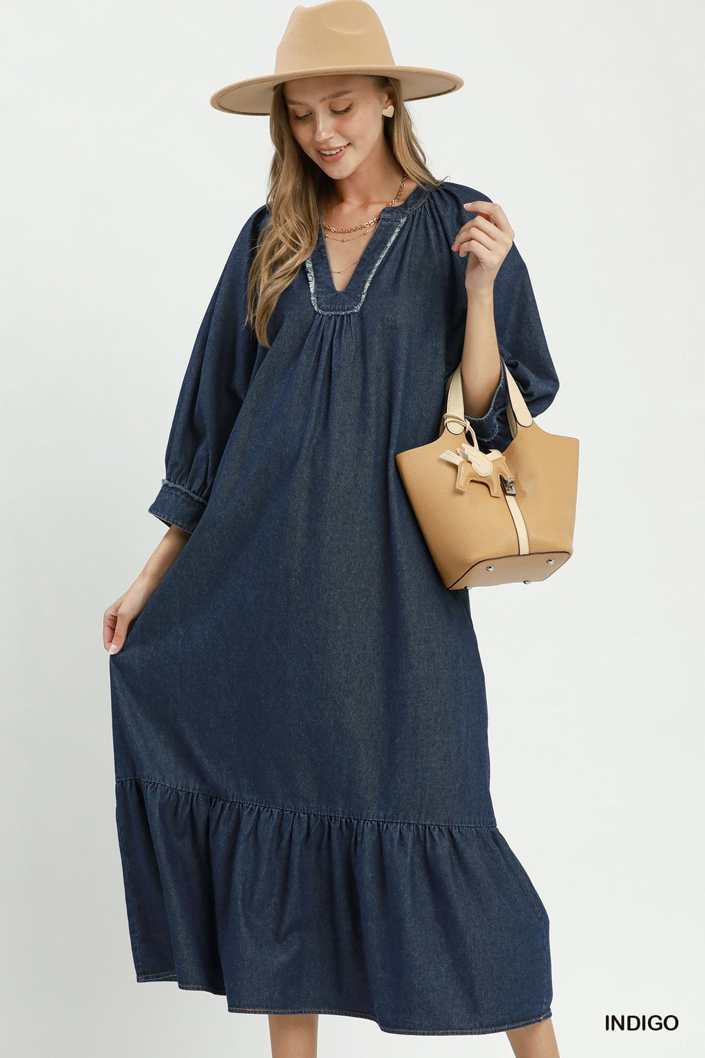 Chambray Belted Ruffle Hem Midi Dress