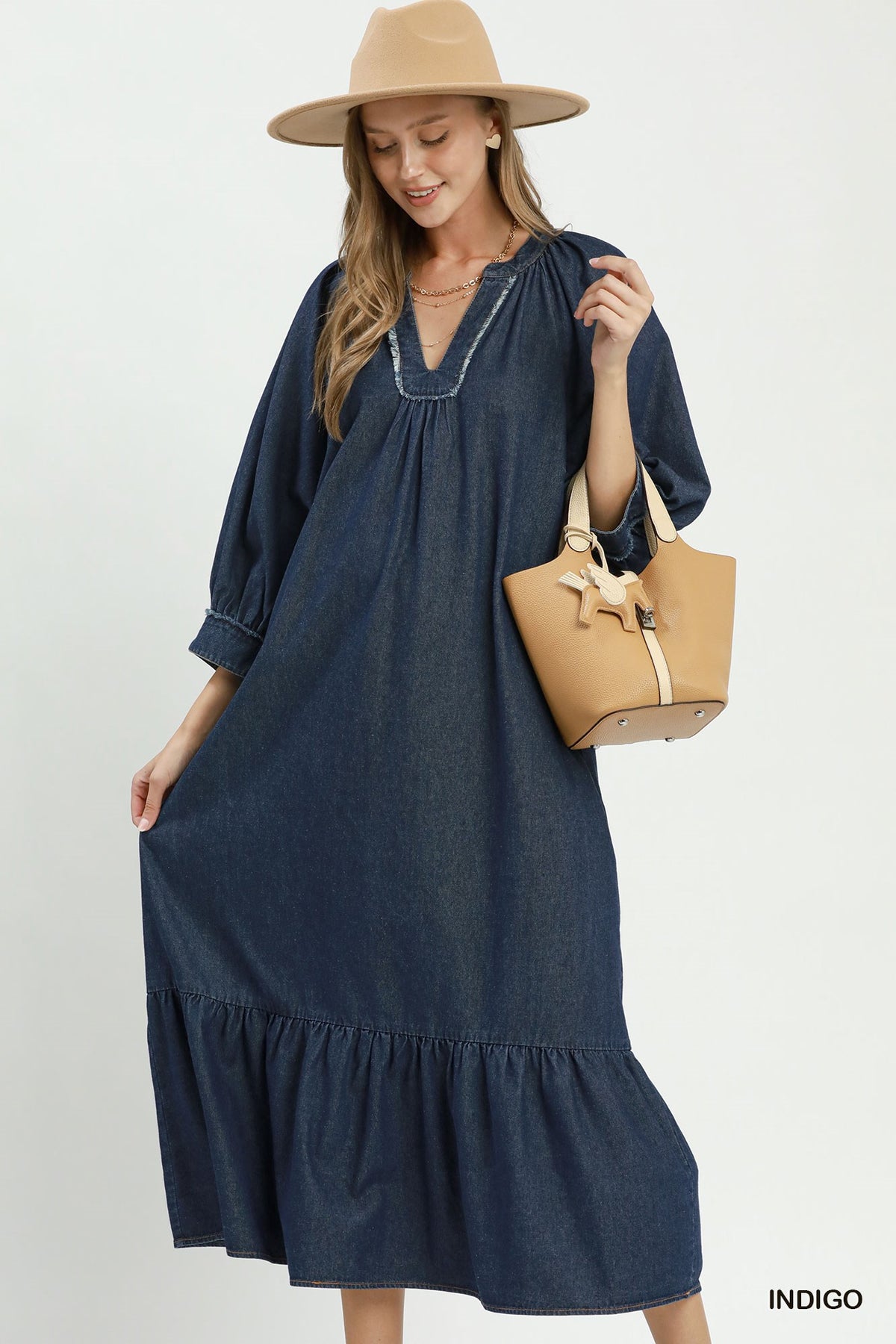 Chambray Belted Ruffle Hem Midi Dress