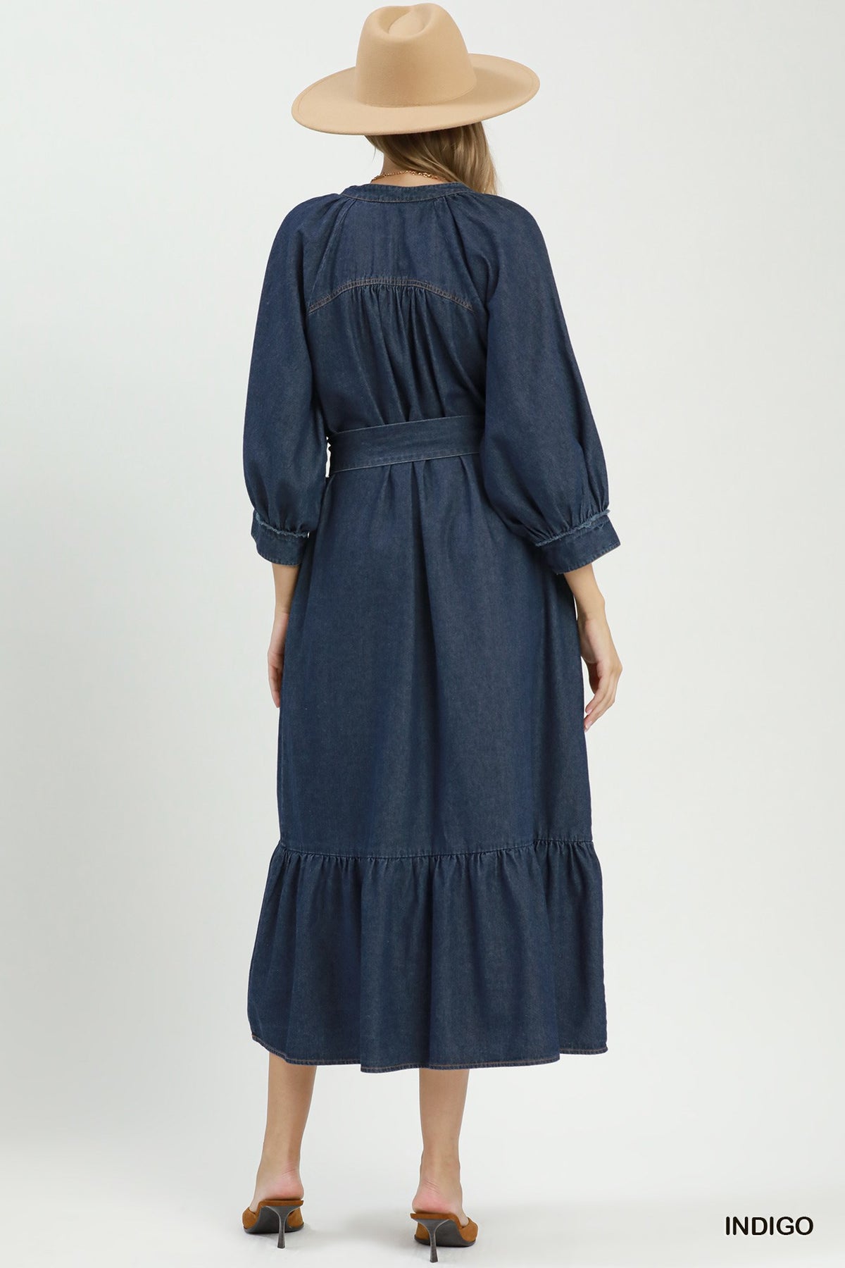 Chambray Belted Ruffle Hem Midi Dress