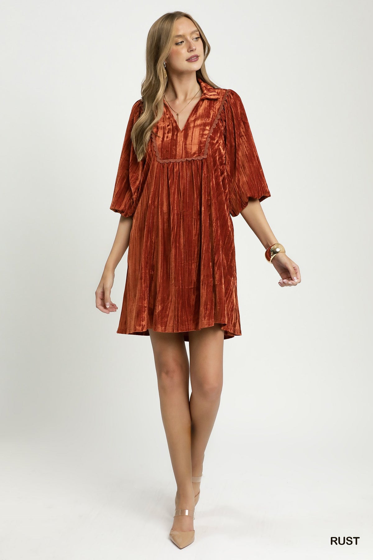 Velvet Babydoll Mini Dress with Lace Trim