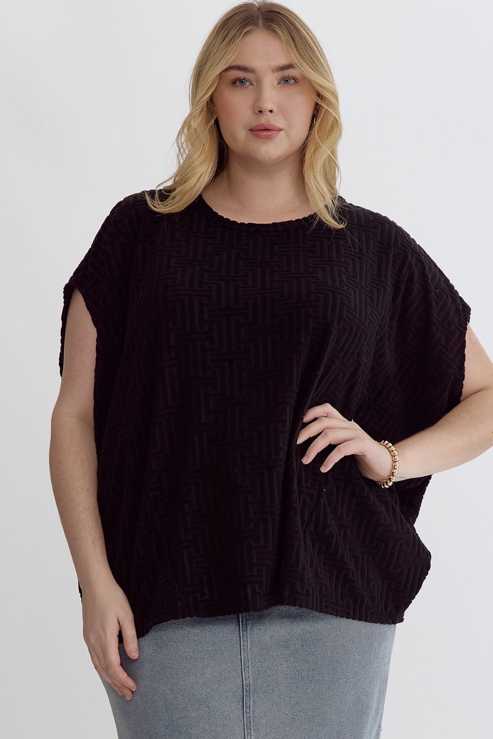 Plus Aztec Textured Terry Round Neck Short Sleeve Top Featuring Drop Shoulders