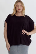 Plus Aztec Textured Terry Round Neck Short Sleeve Top Featuring Drop Shoulders