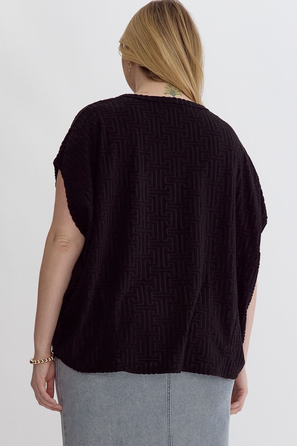 Plus Aztec Textured Terry Round Neck Short Sleeve Top Featuring Drop Shoulders