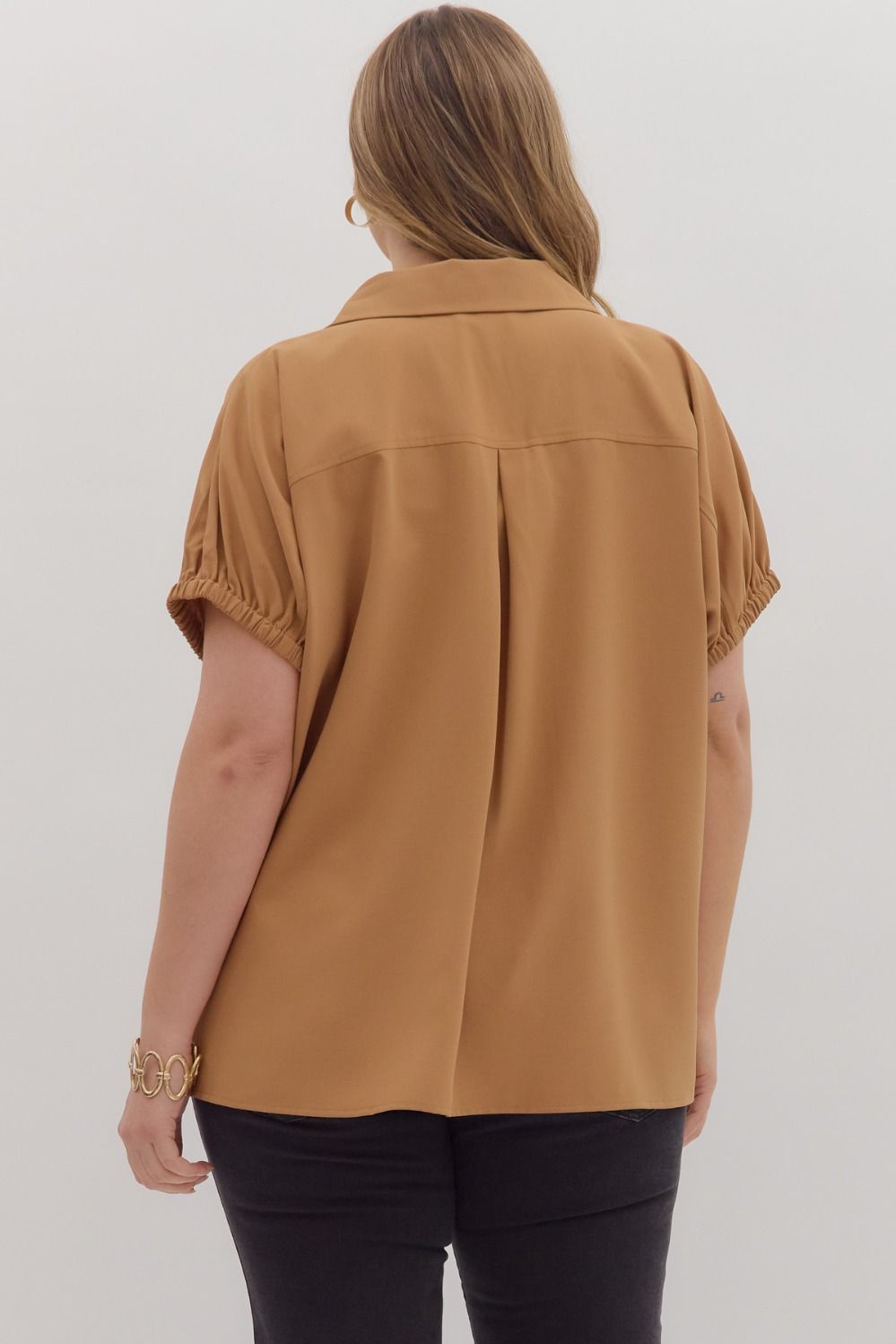 Plus Solid Short Sleeve Split Collar Side Slit Hem Top